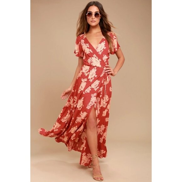 Lulus Heart of Marigold Rust Red Boho Fairy Floral Print Wrap Maxi Dress Large - Picture 1 of 8